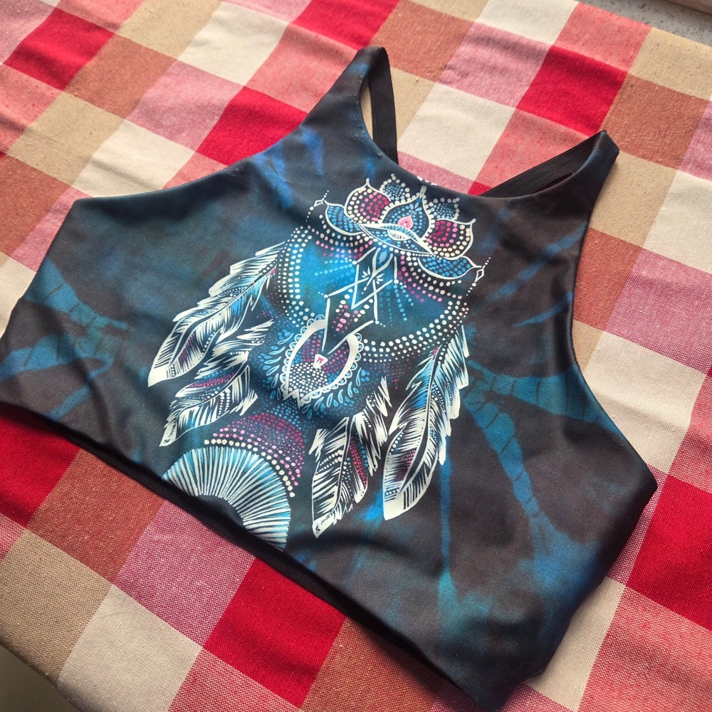 Onzie Feather Festival Yoga Top High Neck Graphic Sports Bra Size S/M - Picture 2 of 5